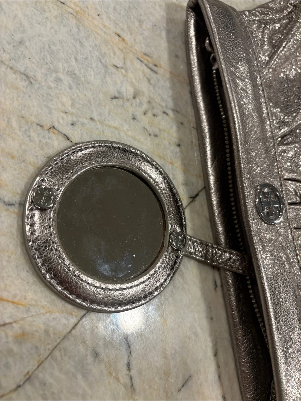 Tory Burch Shimmery Pewter Leather Wristlet Clutch